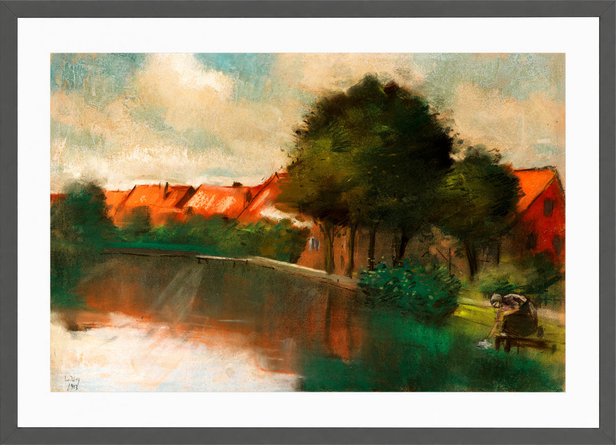 Dutch Village with a Woman Washing (1913) by Lesser Ury — dark grey frame