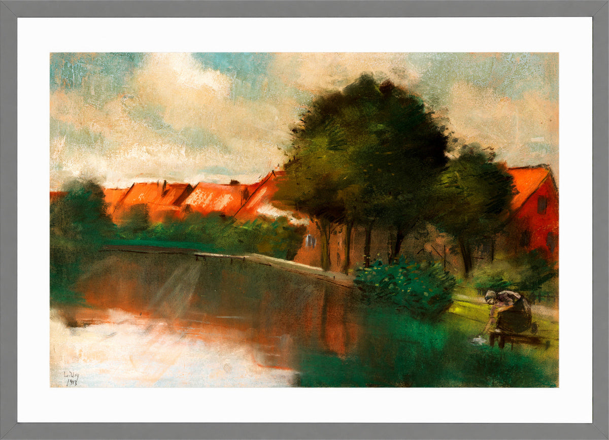 Dutch Village with a Woman Washing (1913) by Lesser Ury — light grey frame