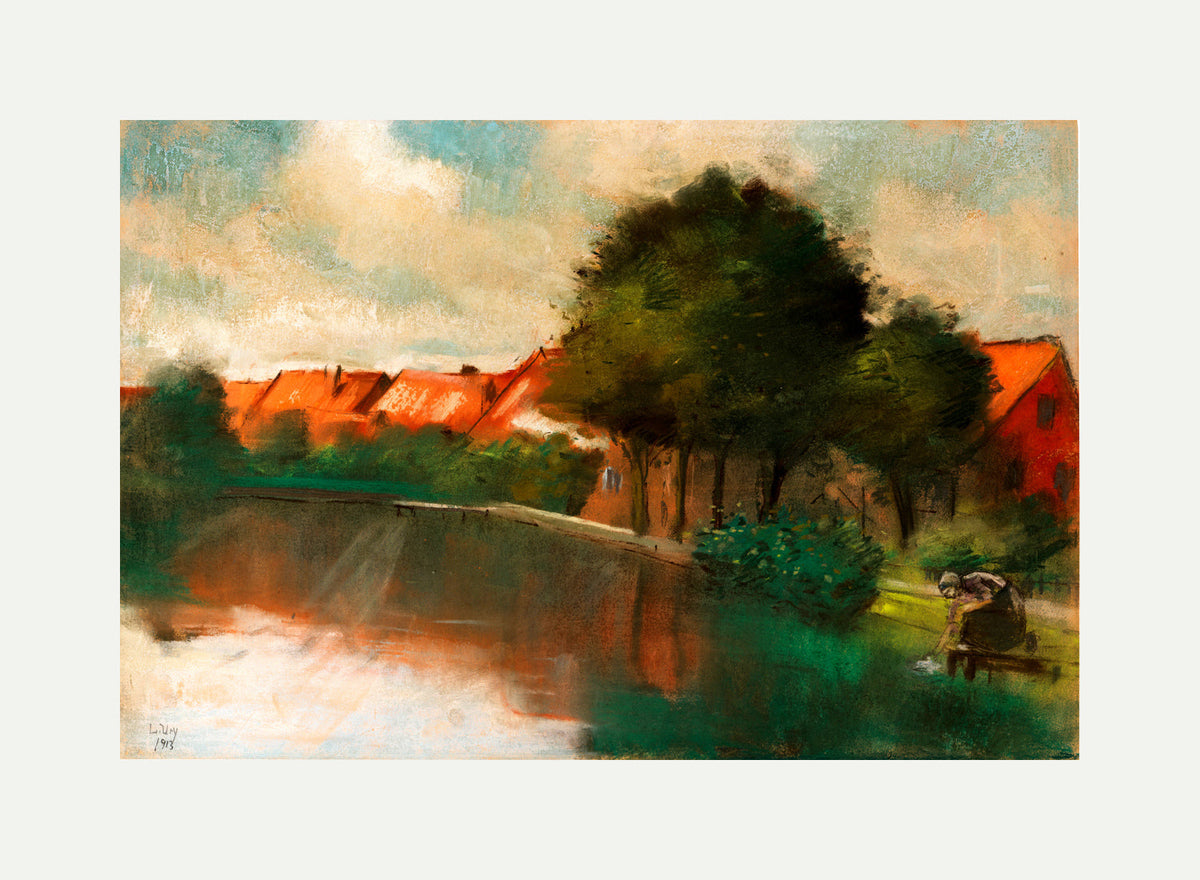 Dutch Village with a Woman Washing (1913) by Lesser Ury — rolled canvas