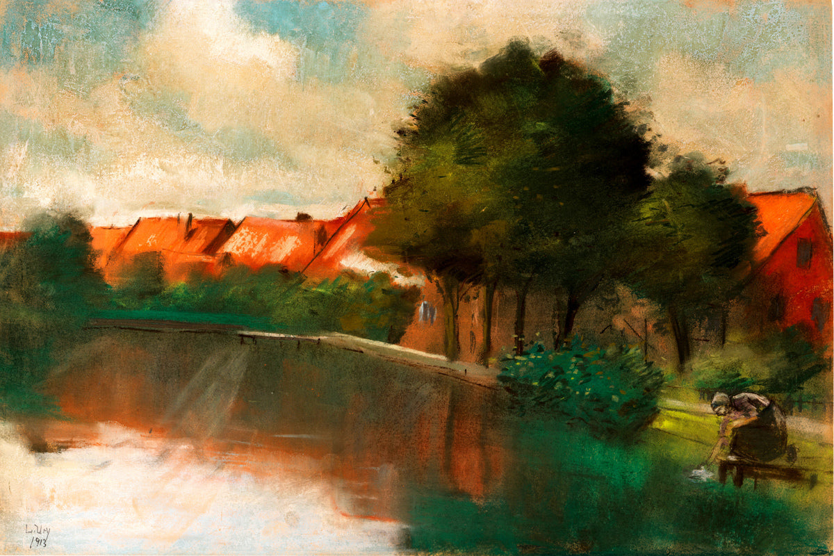 Dutch Village with a Woman Washing (1913) by Lesser Ury — unframed