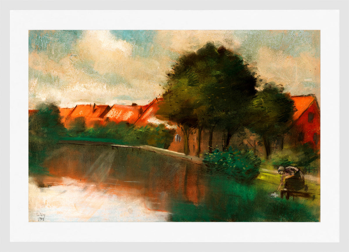 Dutch Village with a Woman Washing (1913) by Lesser Ury — white frame