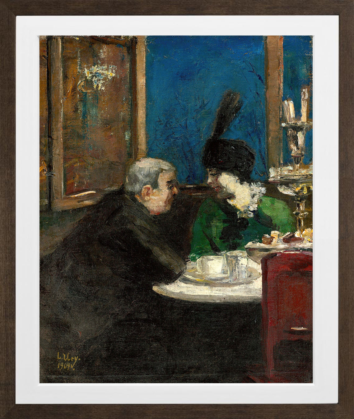 In Café Victoria, Berlin (1904) by Lesser Ury — brown frame