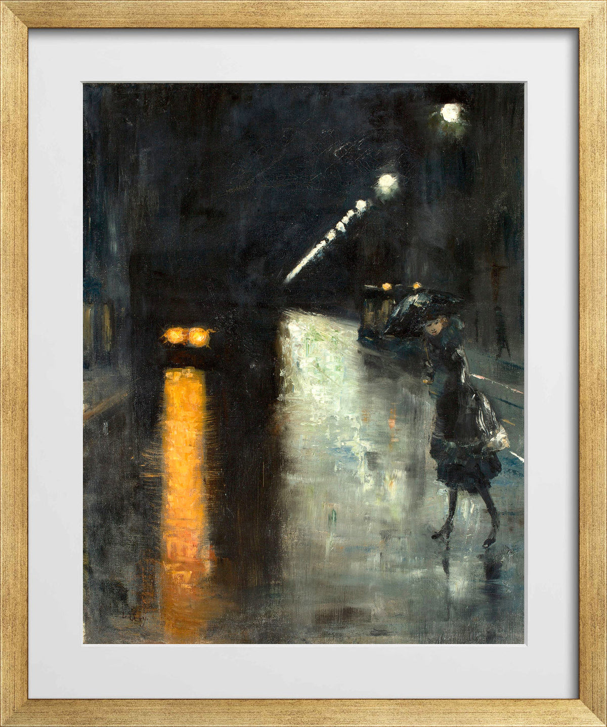 Berlin Street Scene at Night (c. 1915–1920) by Lesser Ury — gold frame