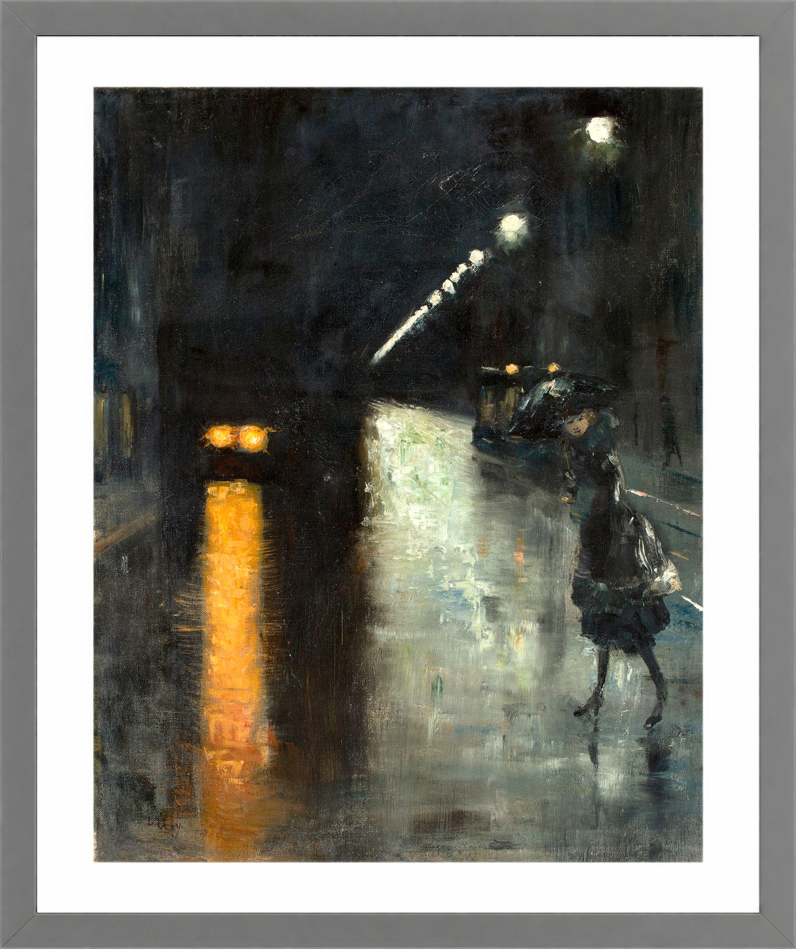 Berlin Street Scene at Night (c. 1915–1920) by Lesser Ury — light grey frame