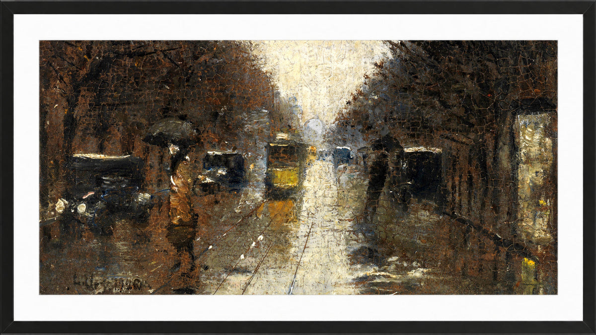 Berlin Street Scene in the Rain (1926) by Lesser Ury — black frame