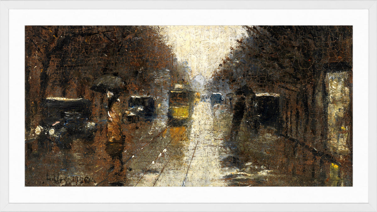 Berlin Street Scene in the Rain (1926) by Lesser Ury — white frame