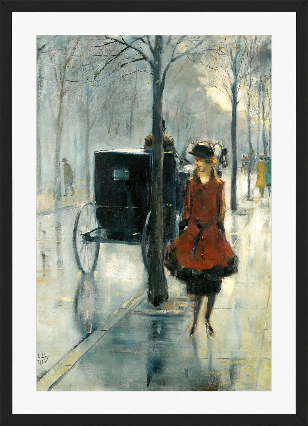 Street Scene with a Woman, Berlin (1918) by Lesser Ury — black frame