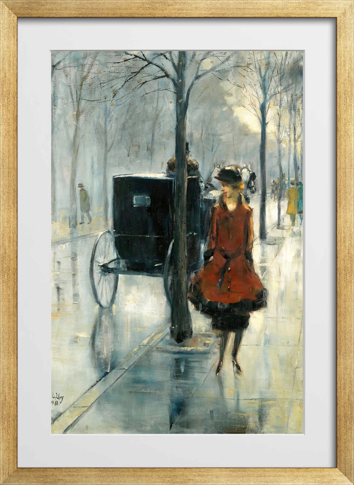 Street Scene with a Woman, Berlin (1918) by Lesser Ury — gold frame