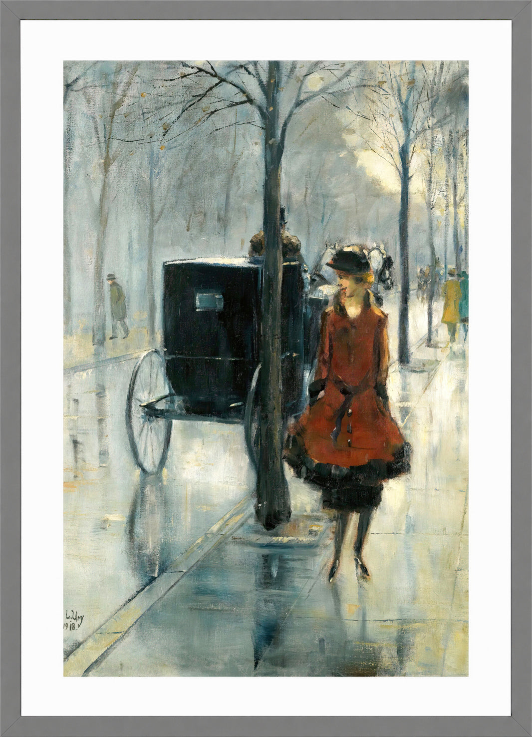 Street Scene with a Woman, Berlin (1918) by Lesser Ury — light grey frame