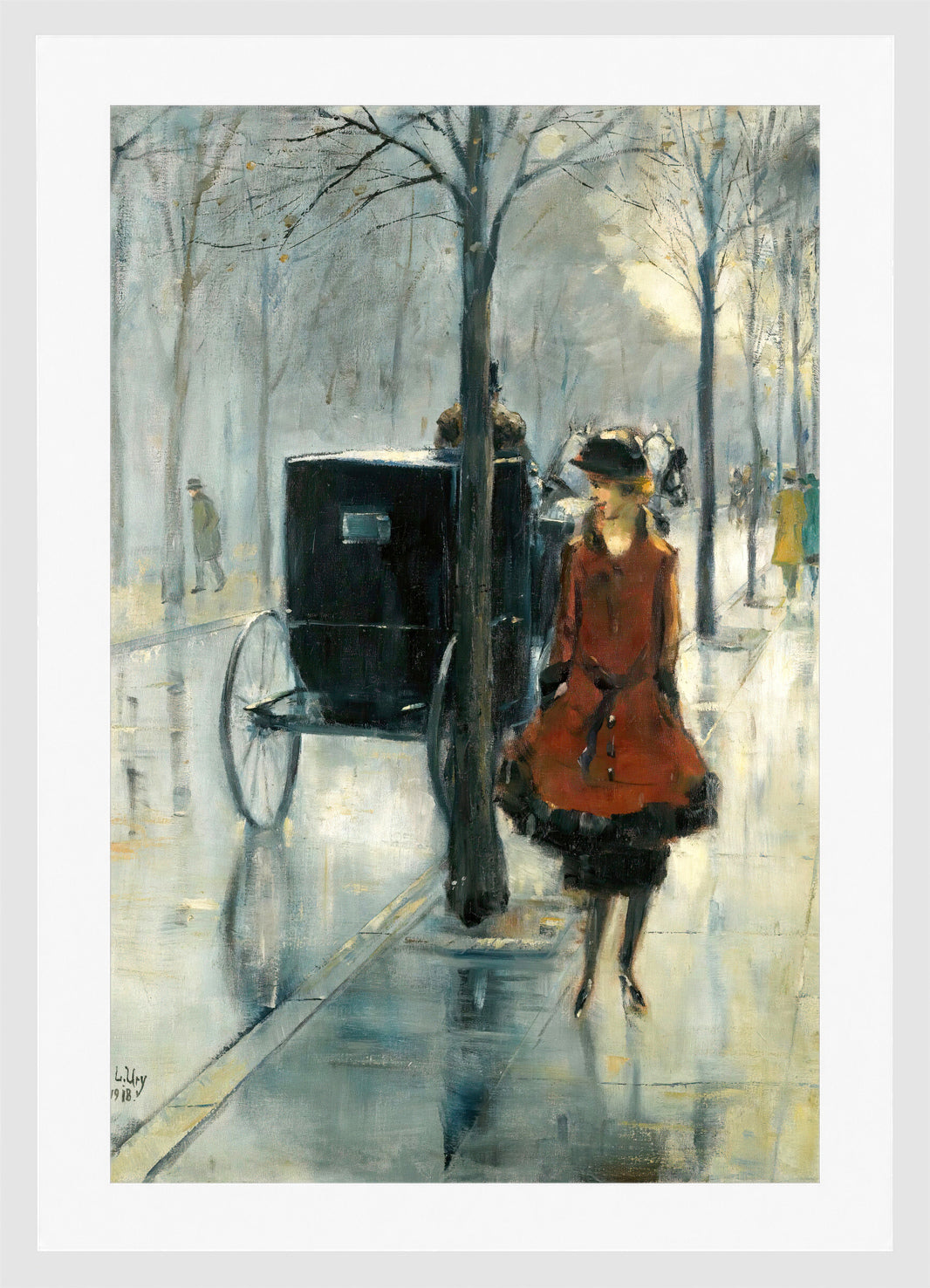 Street Scene with a Woman, Berlin (1918) by Lesser Ury — white frame