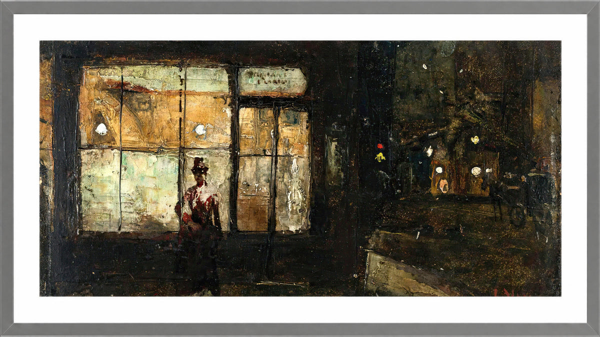The Illuminated Shop Window at Night (1881) by Lesser Ury — light grey frame