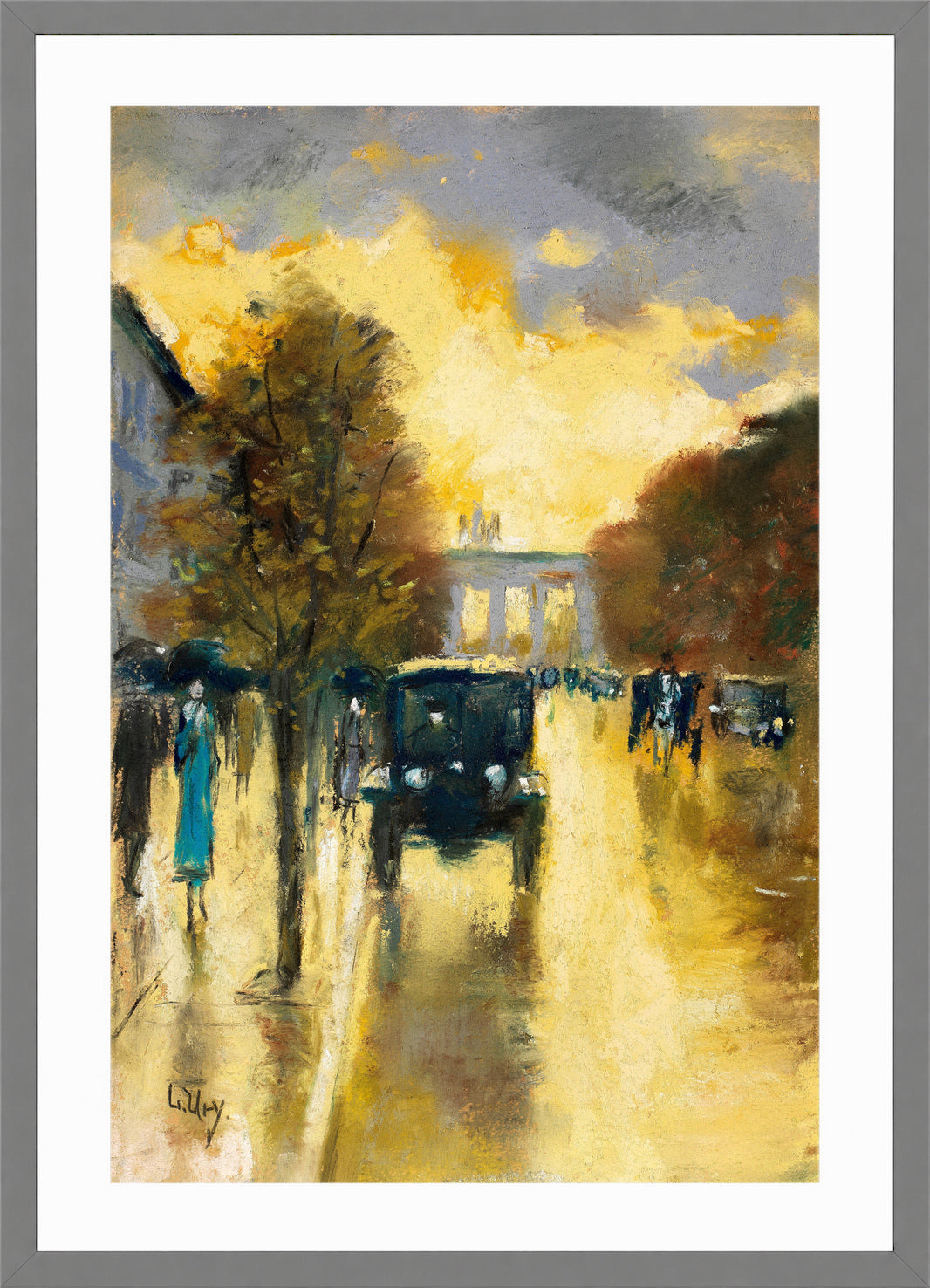 Unter den Linden, View towards the Brandenburg Gate (1920s) by Lesser Ury — light grey frame