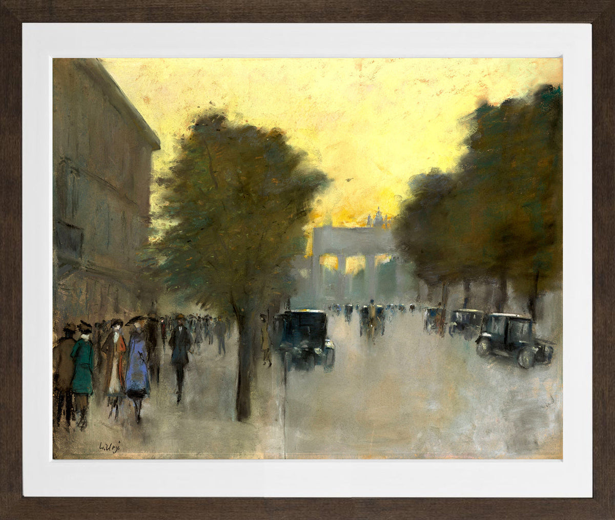 Unter den Linden towards the Brandenburg Gate (c. 1920) by Lesser Ury — brown frame