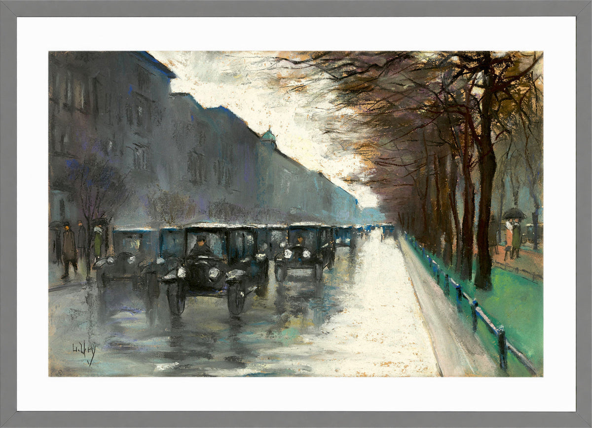 Unter den Linden with Cabs in the Rain (1920s) by Lesser Ury — light grey frame