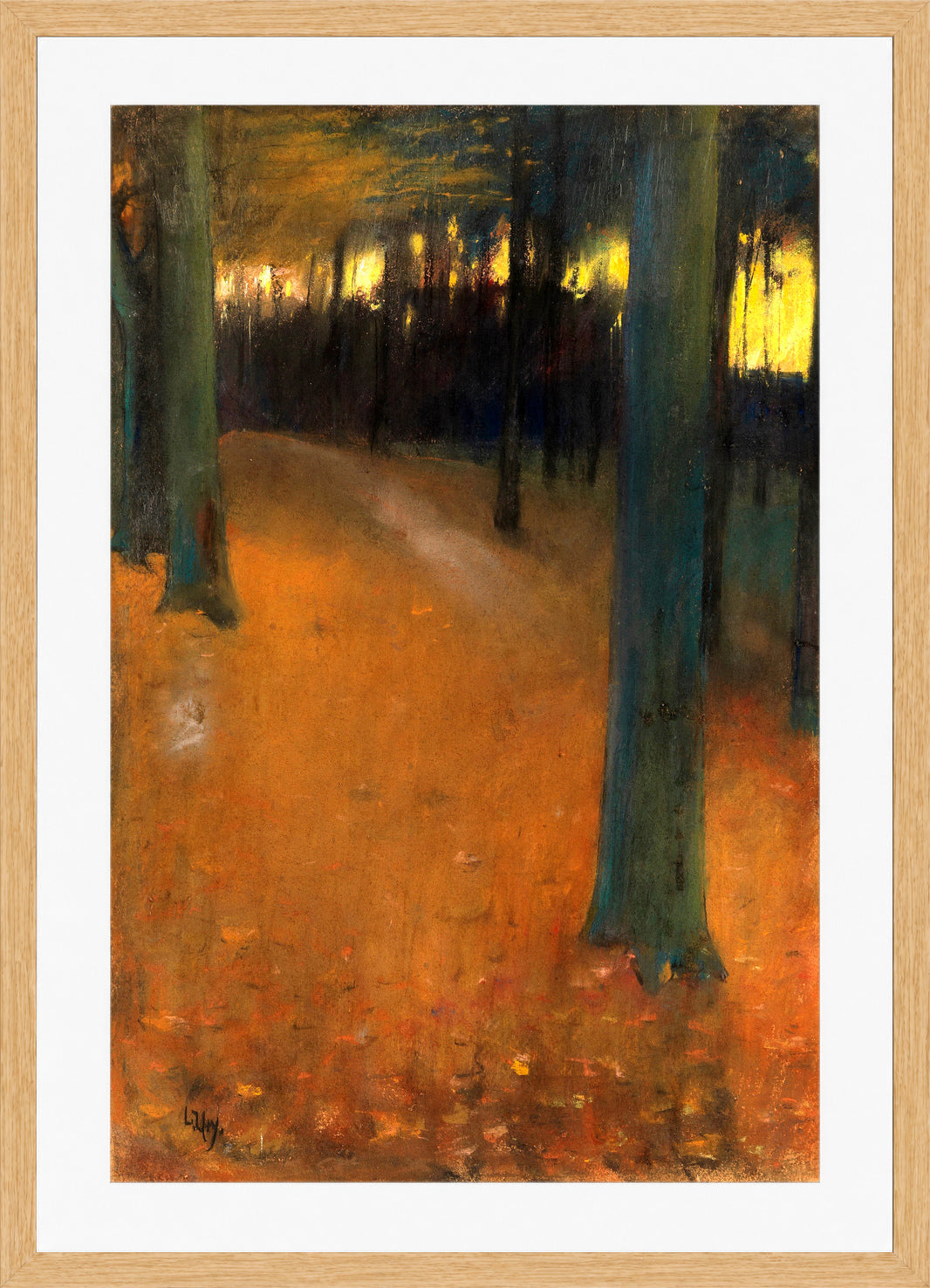 Woodland in Evening Light (1890) by Lesser Ury — oak frame