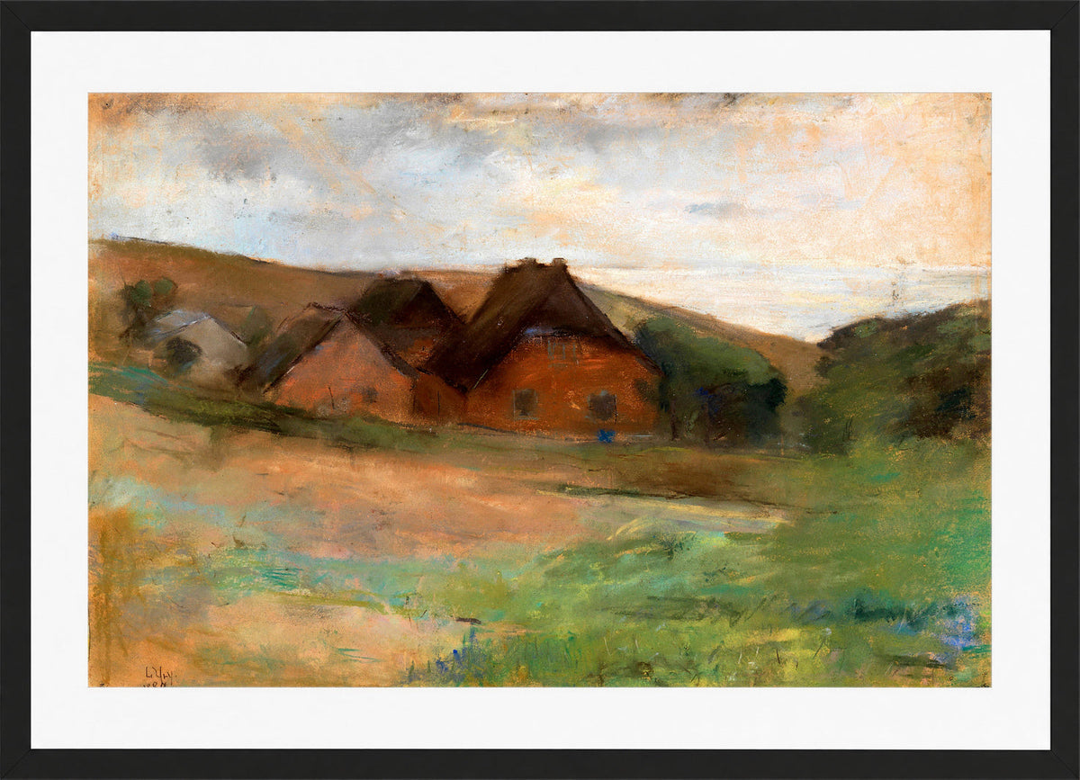 Meadow Landscape with Farmhouses (1889) by Lesser Ury — black frame
