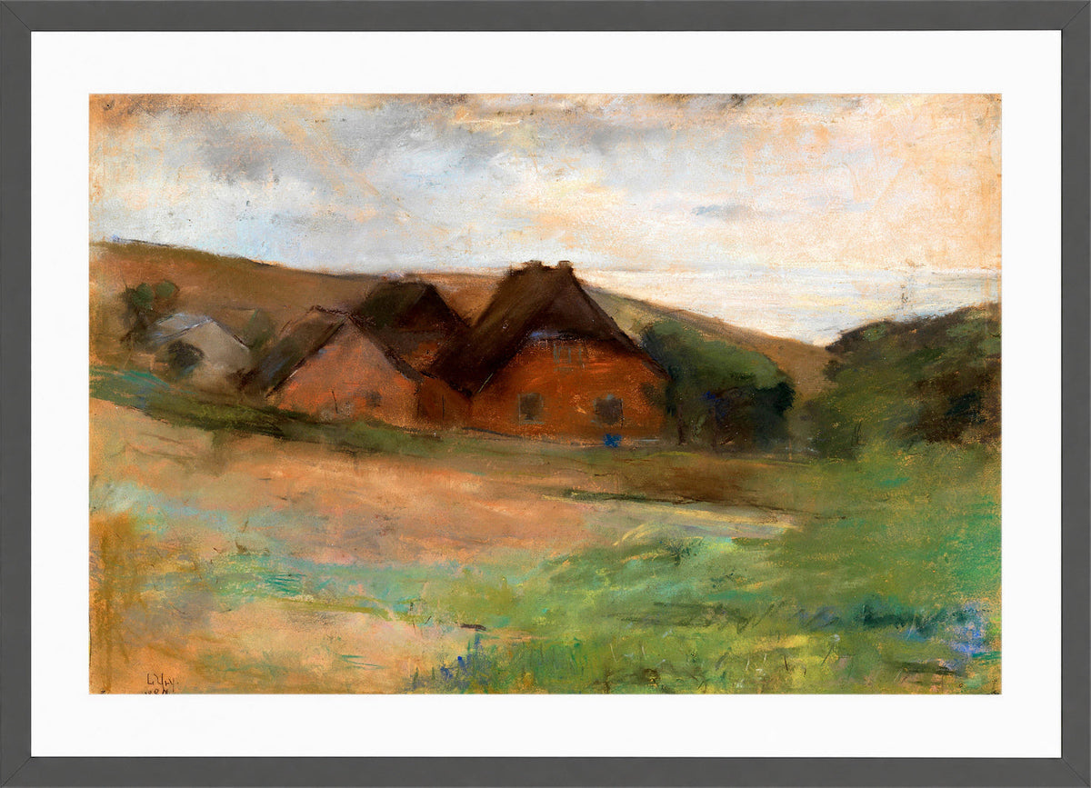 Meadow Landscape with Farmhouses (1889) by Lesser Ury — dark grey frame
