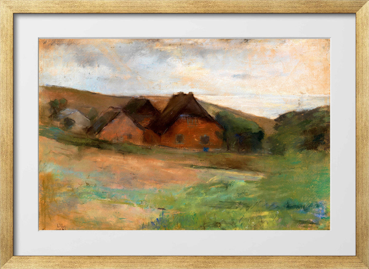 Meadow Landscape with Farmhouses (1889) by Lesser Ury — gold frame