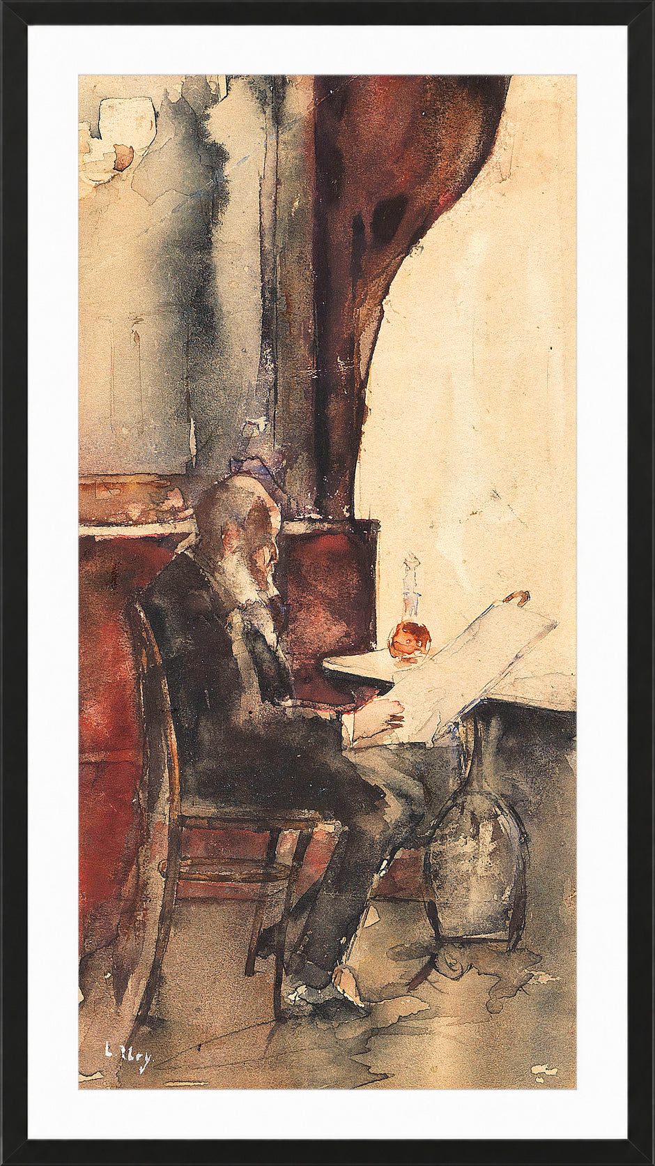 Newspaper Reader in a Café (1880) by Lesser Ury — black frame