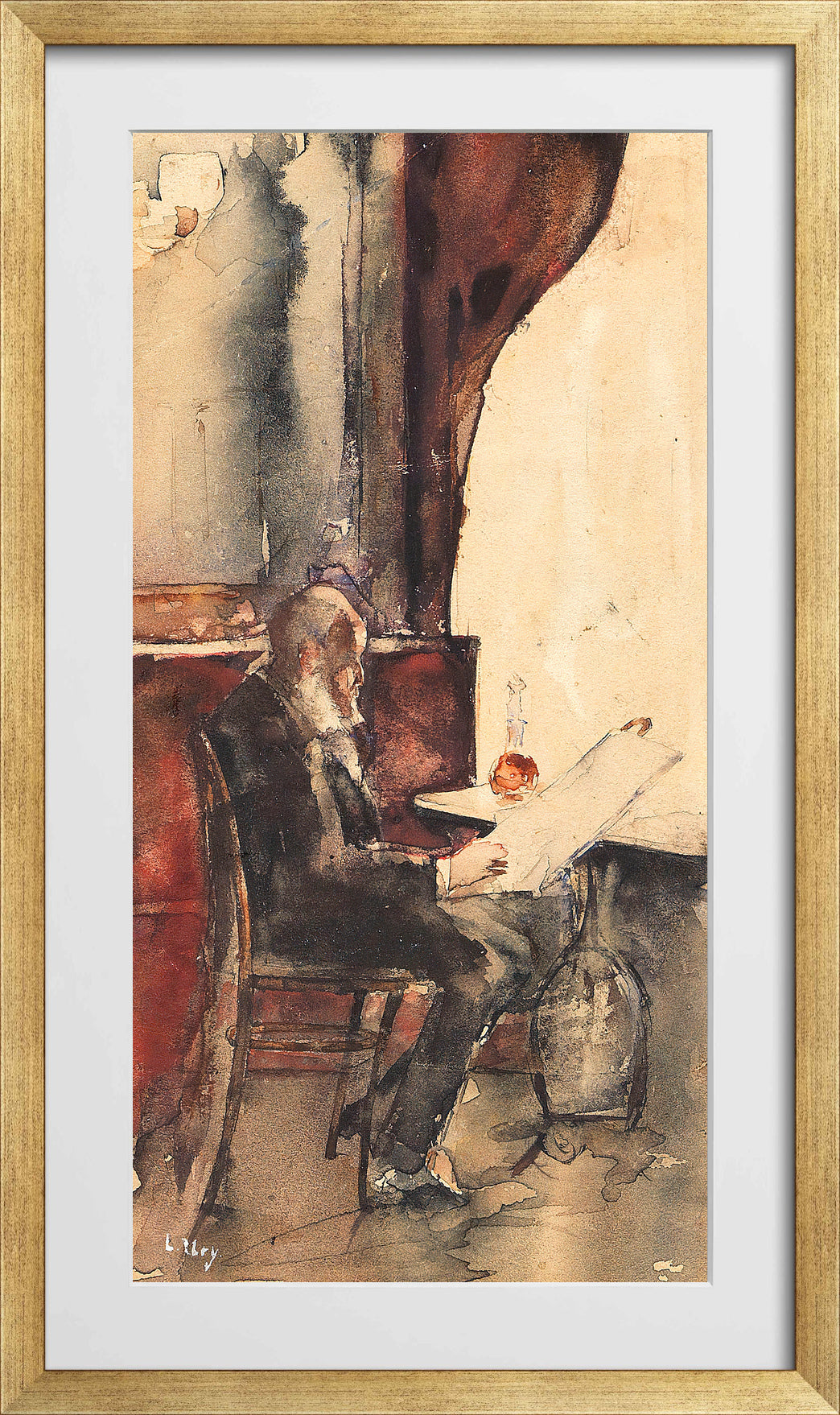 Newspaper Reader in a Café (1880) by Lesser Ury — gold frame