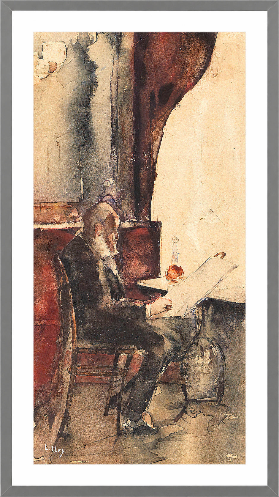 Newspaper Reader in a Café (1880) by Lesser Ury — light grey frame