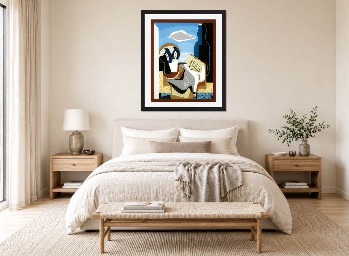 Louis Marcoussis Print, Composition À L’oiseau displayed above a bed