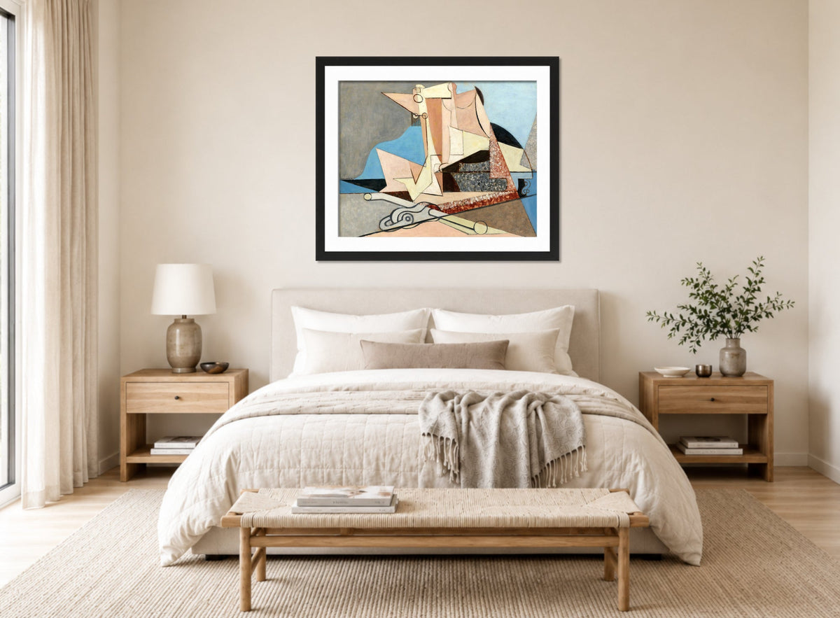 Louis Marcoussis Print, Figures Et Ancre Marine (1930) displayed above a bed