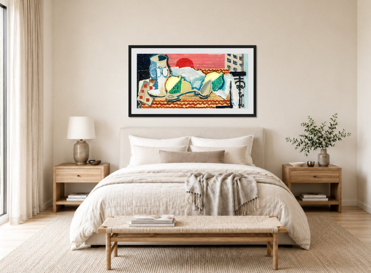 Louis Marcoussis Print, Nature Morte À La Cuillère (circa 1925) displayed above a bed