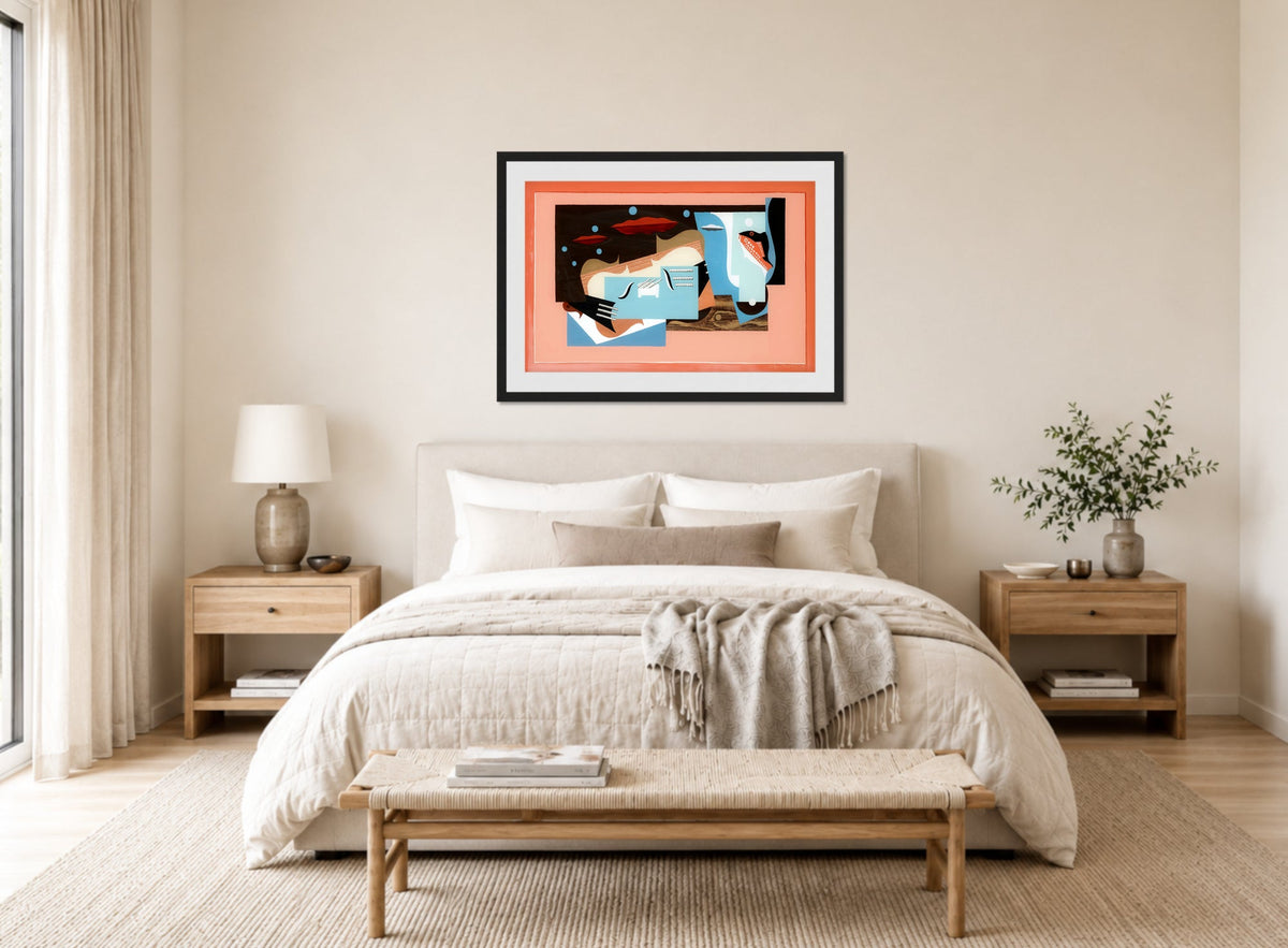 Louis Marcoussis Print, Nature Morte À La Grande Ourse (1926) displayed above a bed