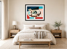 Louis Marcoussis Print, Nature Morte Aux Grenades Et Couteau Sur Un Guéridon (circa 1925) displayed above a bed