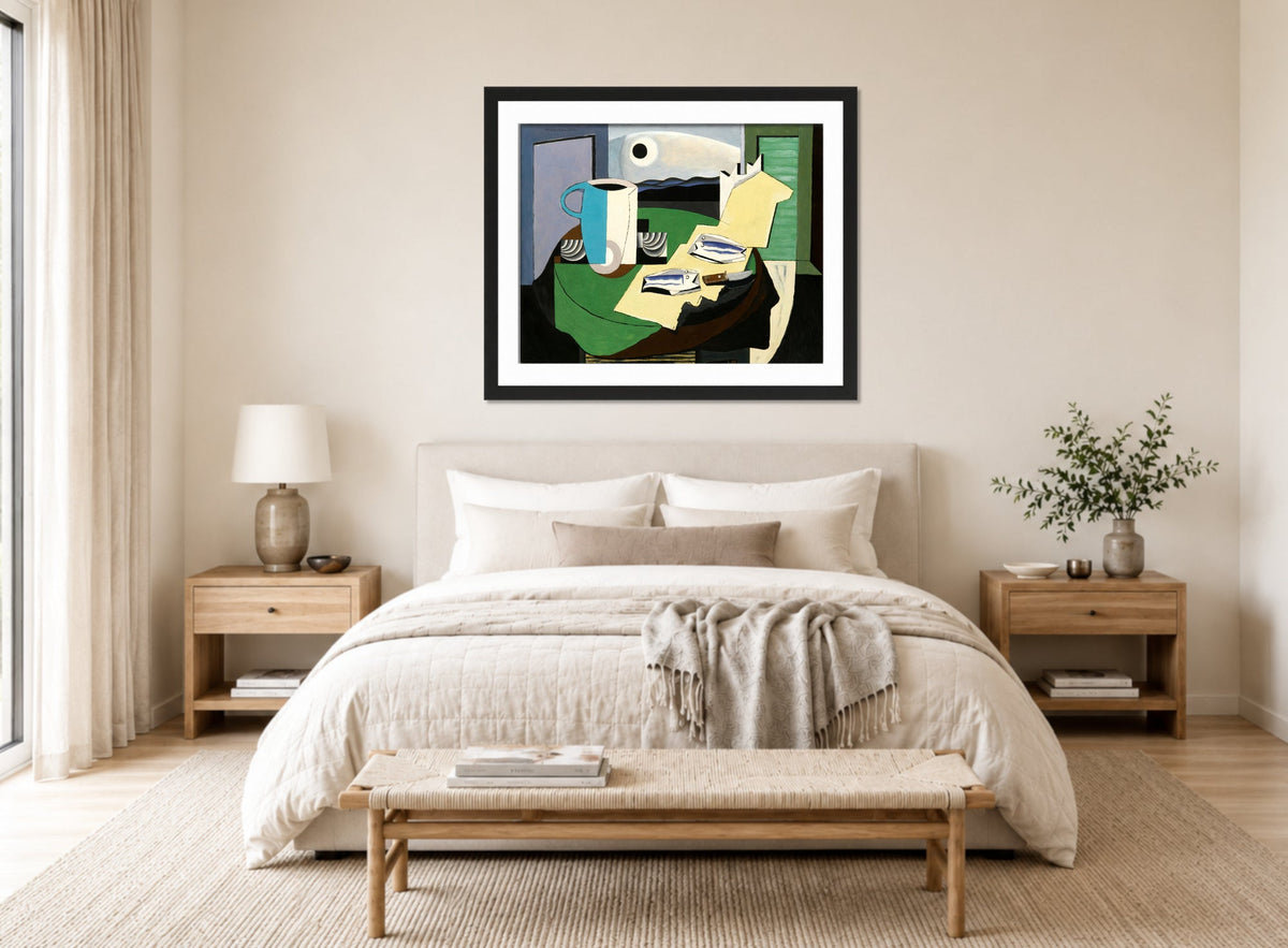 Louis Marcoussis Print, Nature Morte Aux Poissons Or Hyères Ii (circa 1928) displayed above a bed