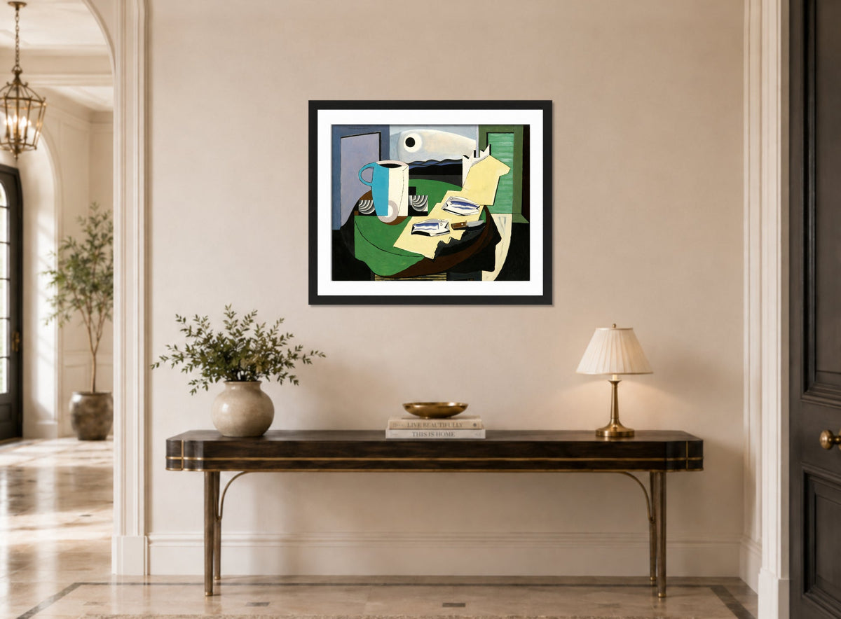 Louis Marcoussis Print, Nature Morte Aux Poissons Or Hyères Ii (circa 1928) displayed above a console table