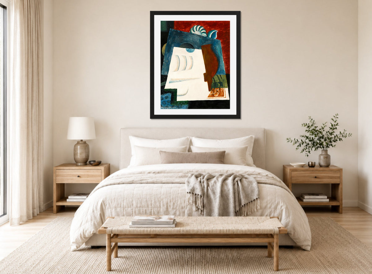 Louis Marcoussis Print, Nature Morte Avec Enveloppe displayed above a bed