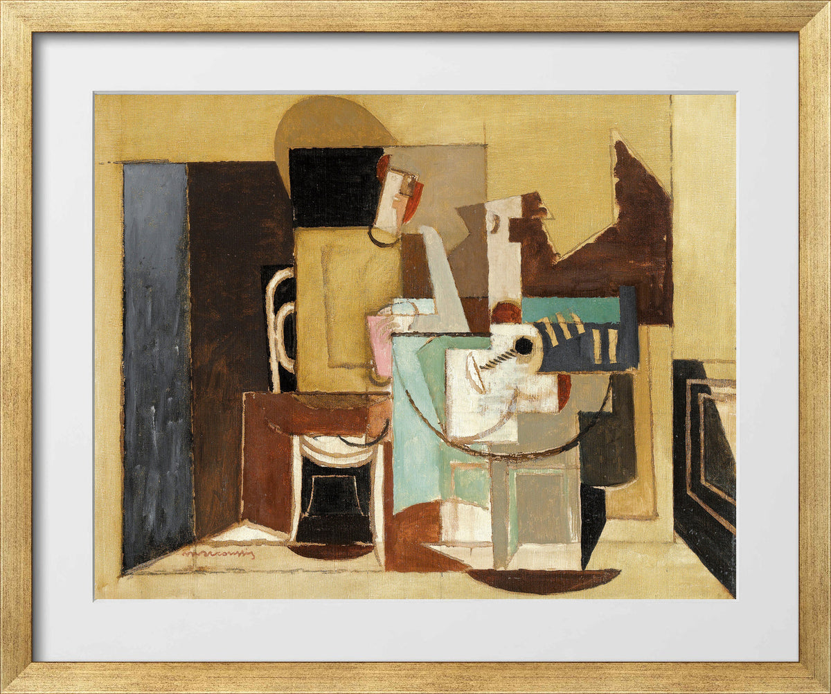 Louis Marcoussis Print, Personnage Assis À Une Table Ronde in a gold frame