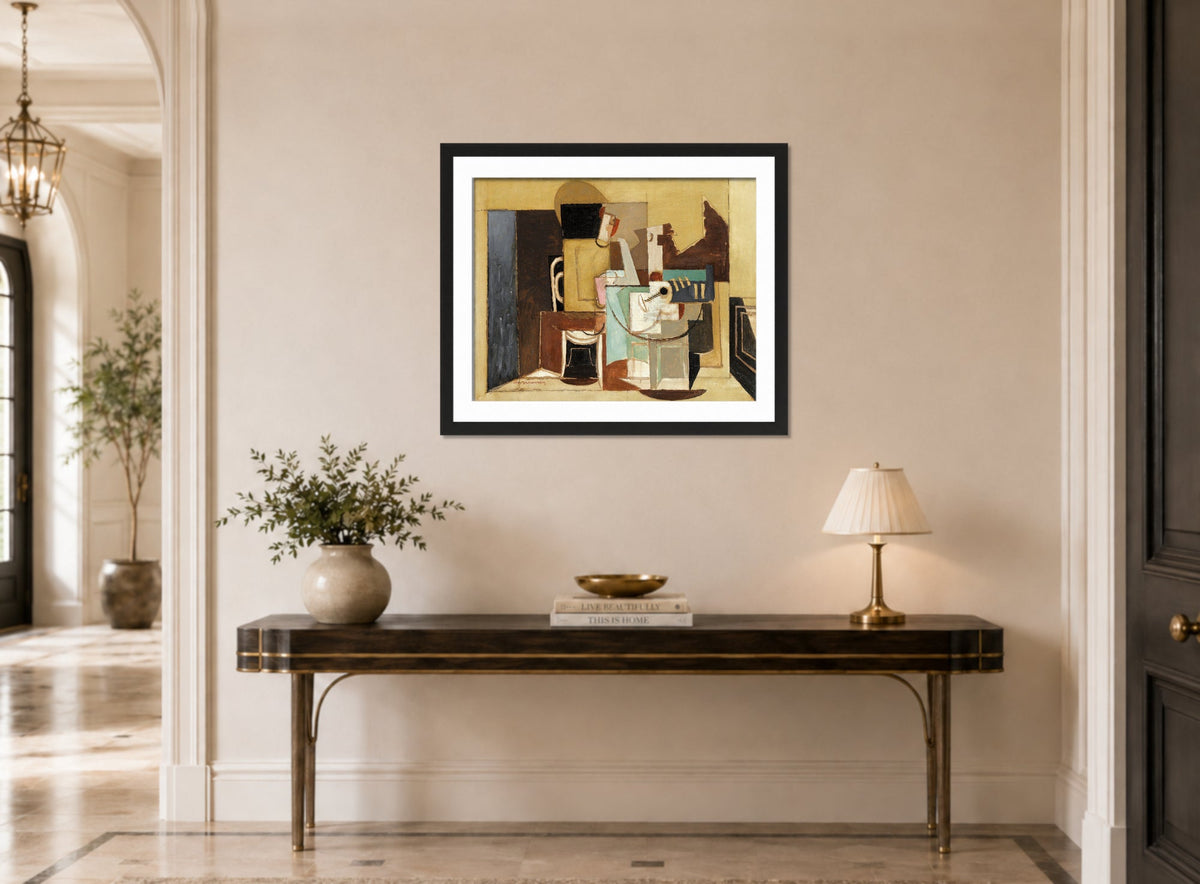 Louis Marcoussis Print, Personnage Assis À Une Table Ronde displayed above a console table
