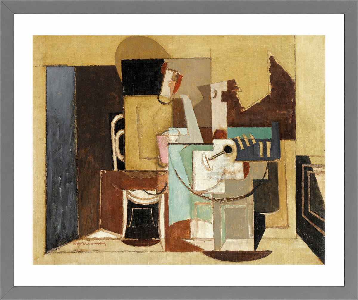 Louis Marcoussis Print, Personnage Assis À Une Table Ronde in a light grey frame