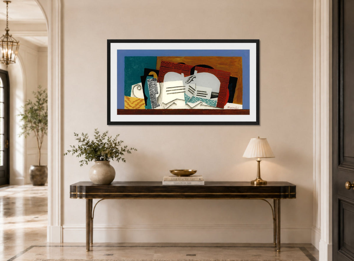 Louis Marcoussis Print, Verre Et Violon displayed above a console table