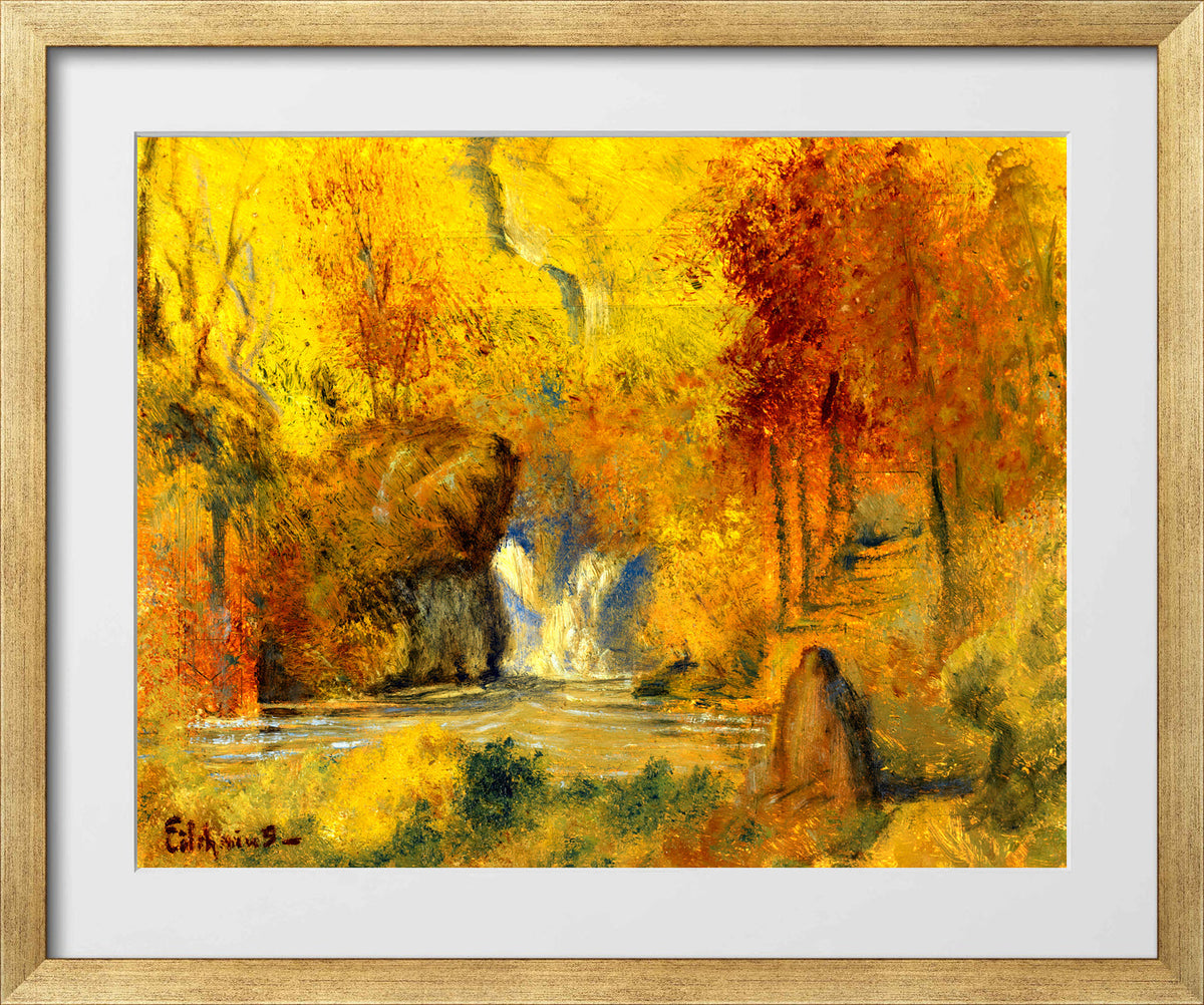 Louis Michel Eilshemius Print, Autumn Landscape — Woodland Waterfall — gold frame