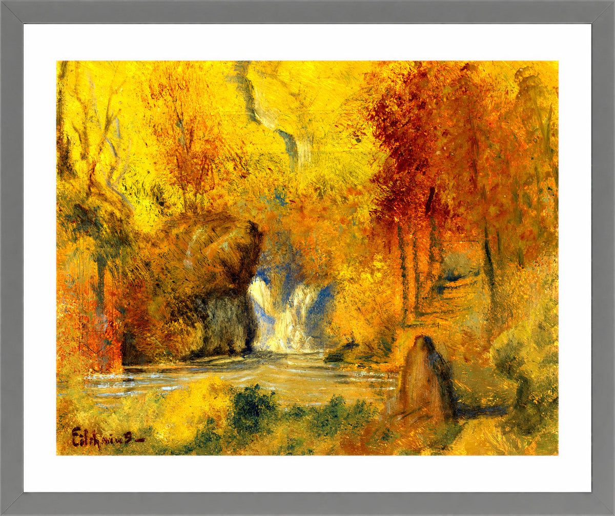 Louis Michel Eilshemius Print, Autumn Landscape — Woodland Waterfall — light grey frame