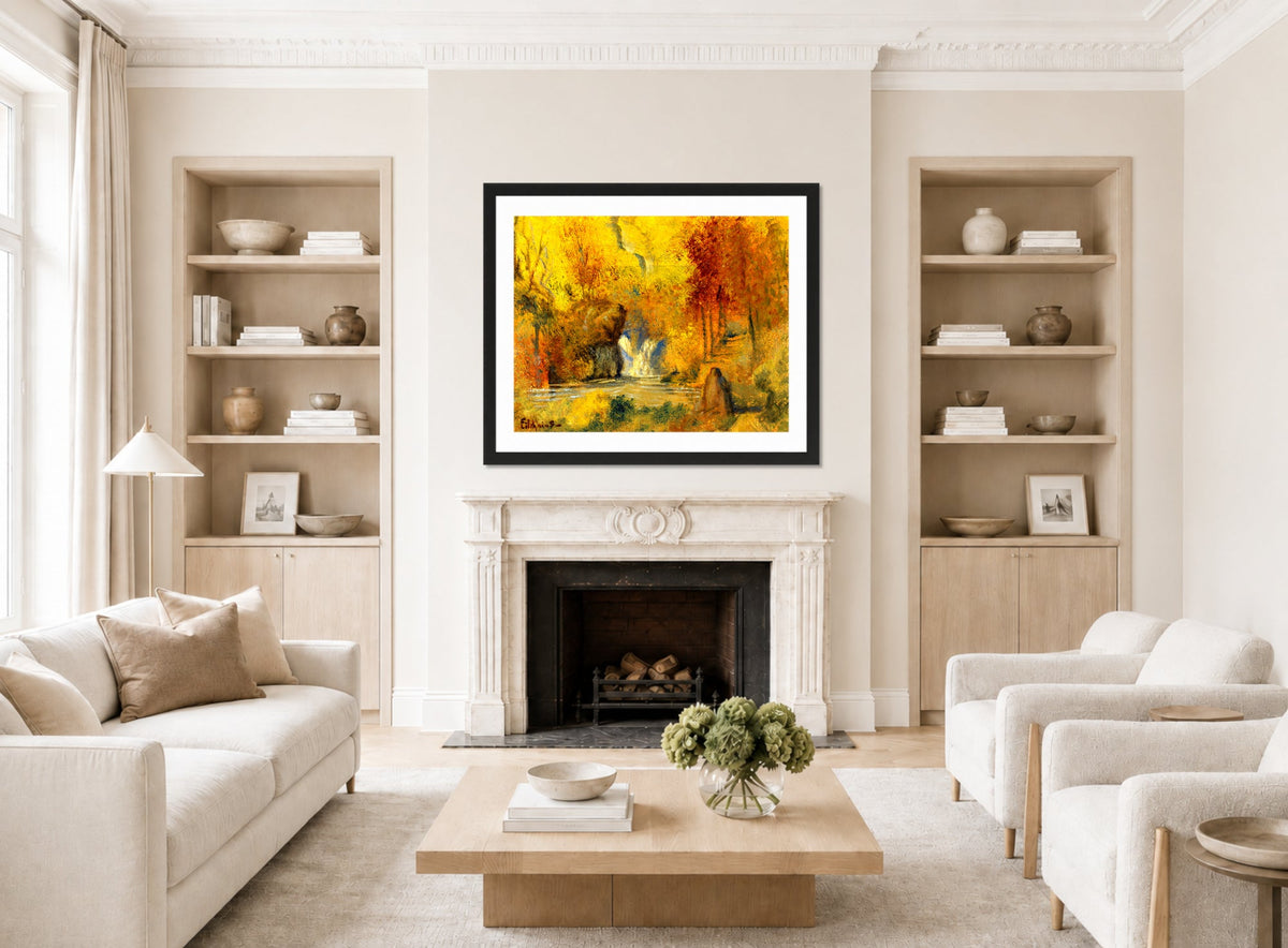 Louis Michel Eilshemius Print, Autumn Landscape — Woodland Waterfall — living room roomset