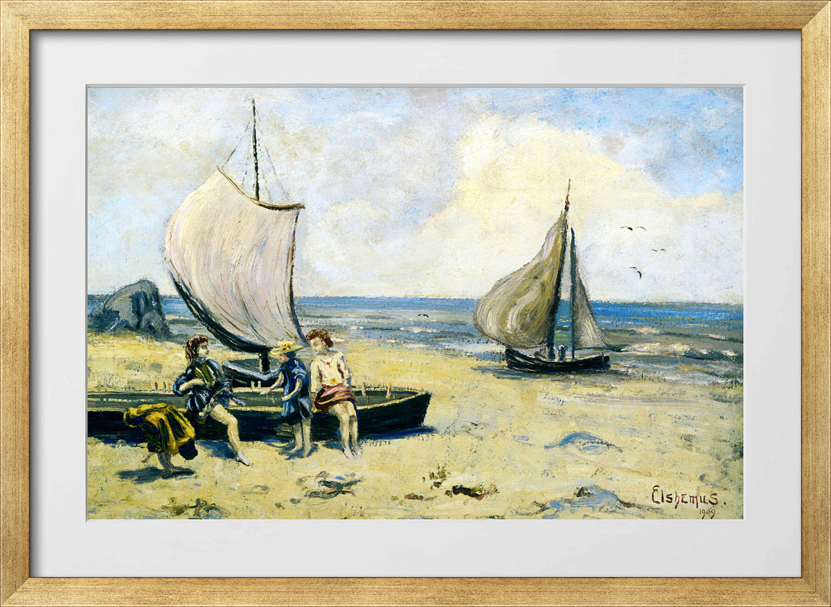 Louis Michel Eilshemius Print, Children on the Beach — gold frame