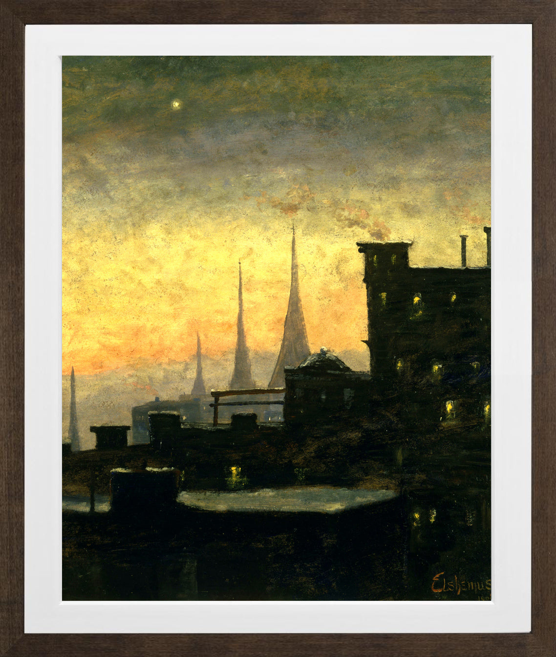 Louis Michel Eilshemius Print, New York Roof Tops — brown frame