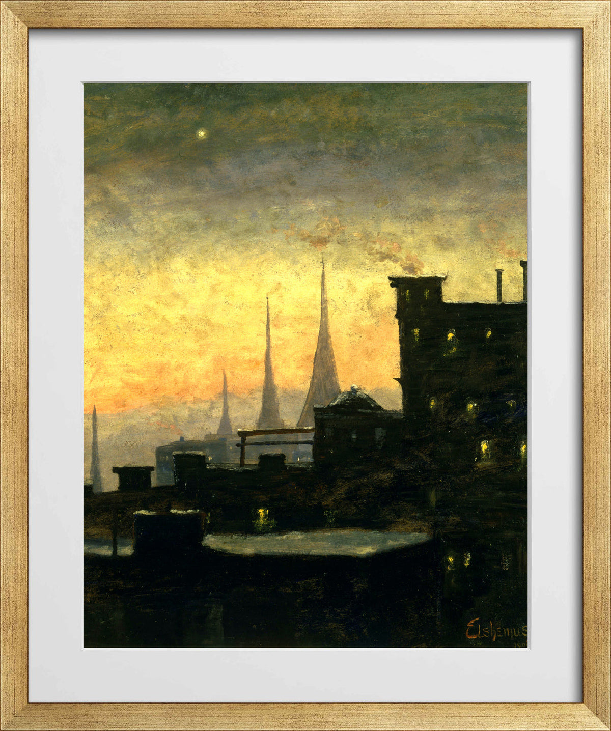 Louis Michel Eilshemius Print, New York Roof Tops — gold frame
