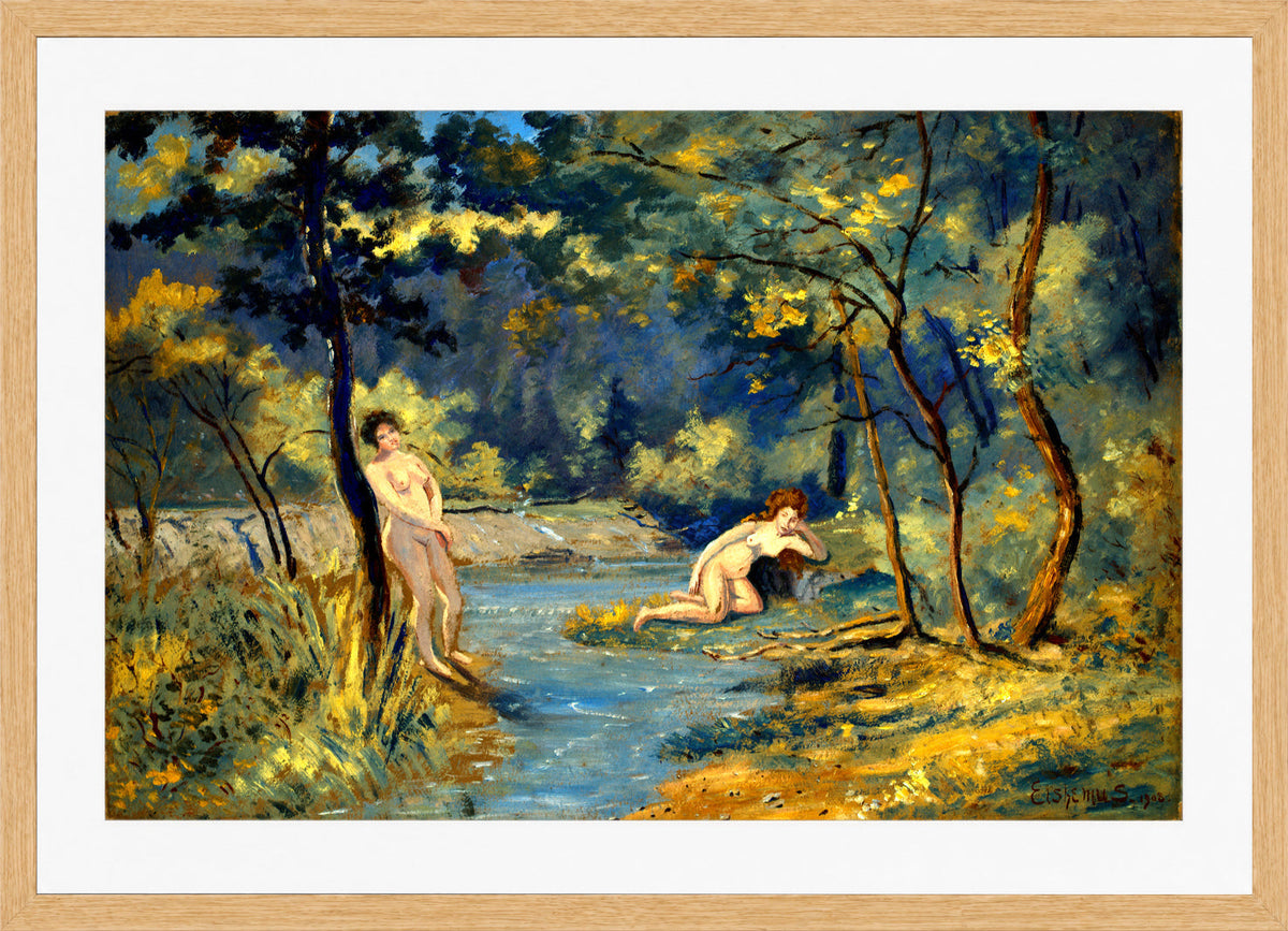 Louis Michel Eilshemius Print, Standing and Reclining Nymphs (1908) — oak frame