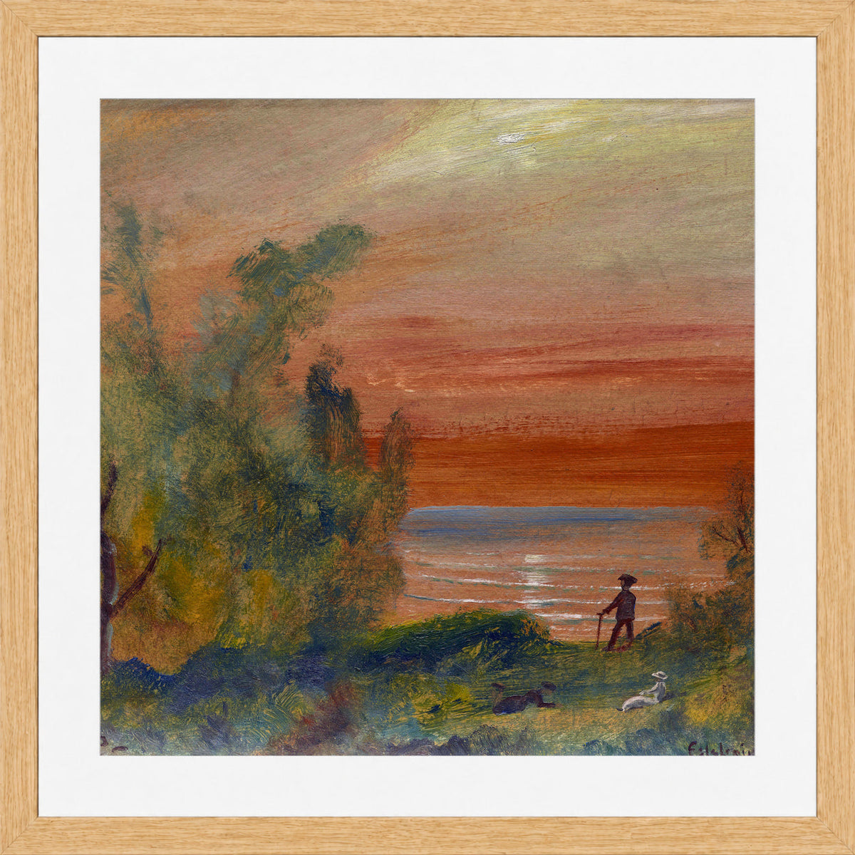 Louis Michel Eilshemius Print, Sunset with Man Standing on Shore (1920) — oak frame