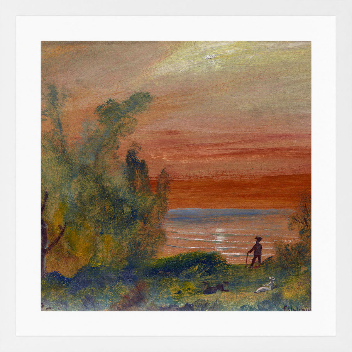 Louis Michel Eilshemius Print, Sunset with Man Standing on Shore (1920) — white frame