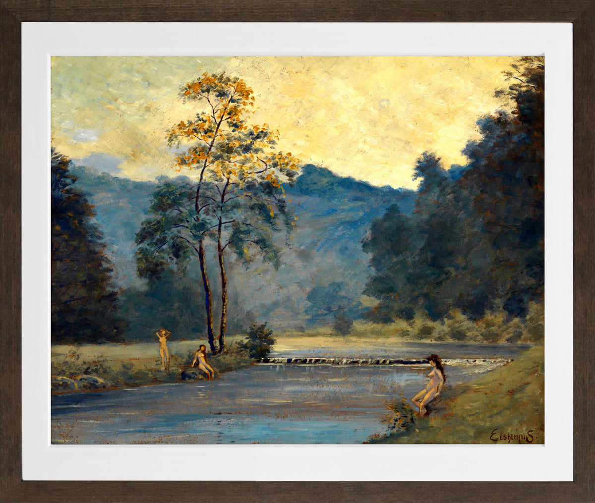 Louis Michel Eilshemius Print, Three Girls and River (1907) — brown frame