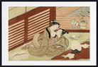 A framed Japanese-style art print depicting two women in traditional robes seated indoors, with a sliding door, potted plant, and small cat in the background.