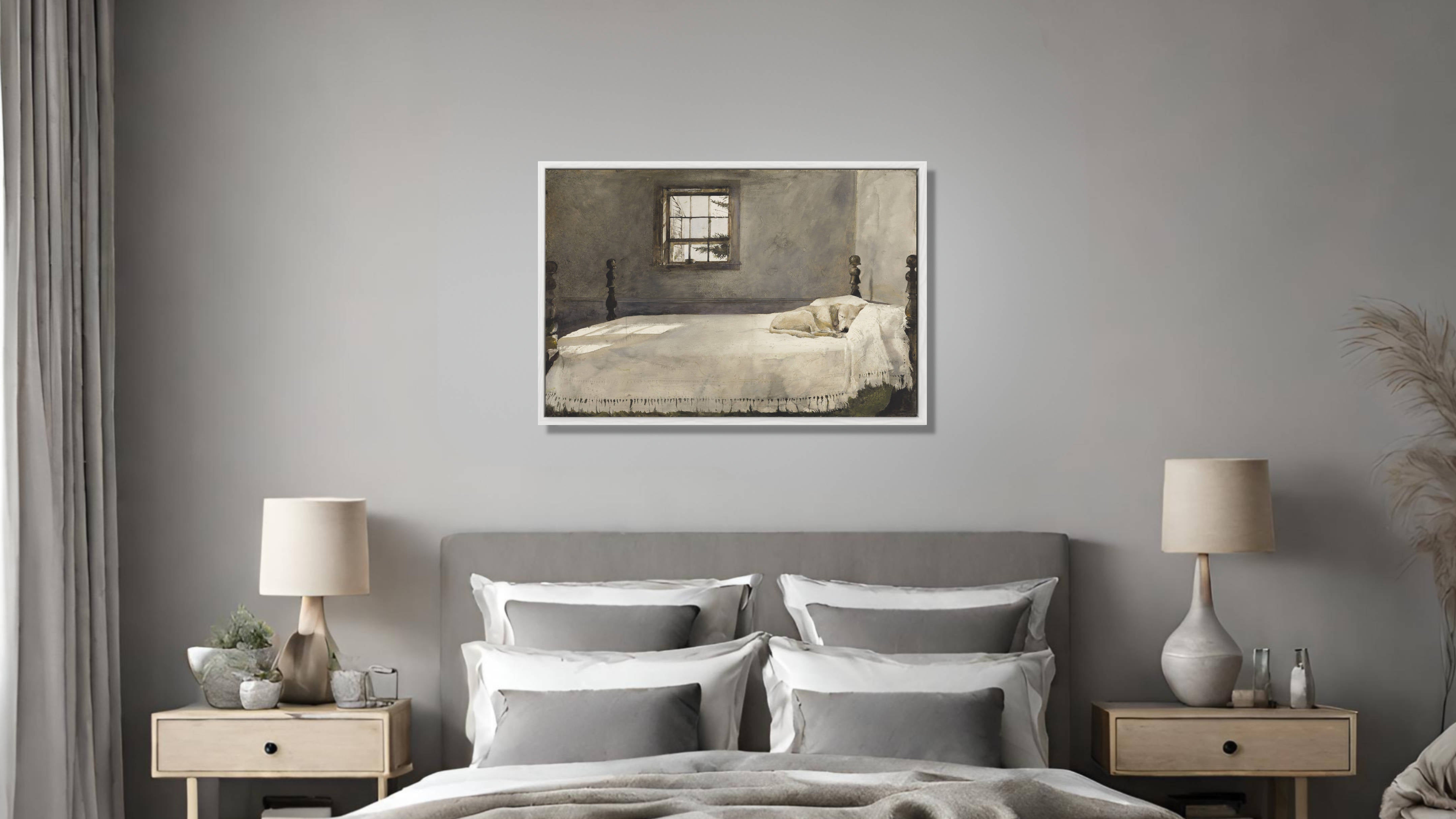 Andrew Wyeth Fine Art Print, Master Bedroom framed canvas panel on bedroom wall