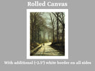 A rolled canvas art print preview on a gray background, showing a forest path scene with bare trees and a small figure walking in the distance. Text above reads 'Rolled Canvas' and text below says 'With additional (~2.